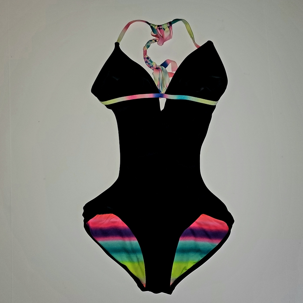 OP. Black/rainbow swimsuit.